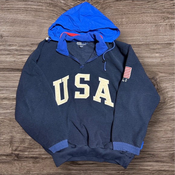 Vintage 90s Polo Ralph Lauren USA Superman Fleece Sweatshirt Flag 1992 Stadium L